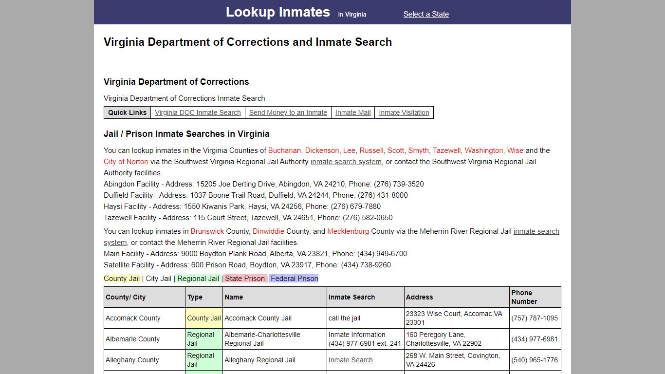 Virginia Department of Corrections and Inmate Search